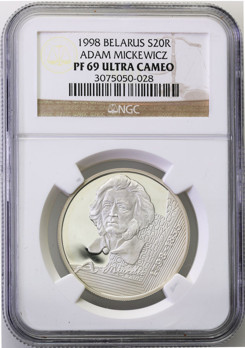 Białoruś. 10 rubli 1998 Adam Mickiewicz prawidłowy NGC PF69 ULTRA CAMEO (MAX)